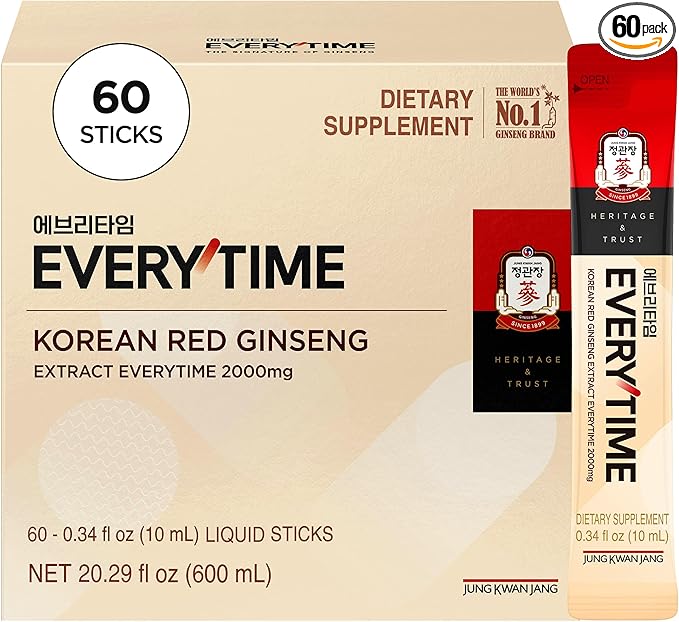 JUNG KWAN JANG Everytime Korean Red Ginseng Extract 2,000mg - Vegan Energy Drink Liquid Stick Supplements with Propolis - No Caffeine, No Gluten, Non-GMO 0.34 fl oz, 10EA (Pack of 6)