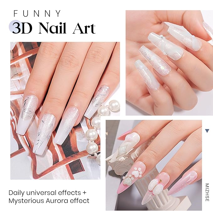 MIZHSE Solid Builder Gel, Aurora White Non-Sticky Hand Sculpting Gel for Nails, Mermaid Pearl 3D Nail Art Building Carving Modeling Hard Extension Soak Off U V LED Manicure Salon Home DIY 15g