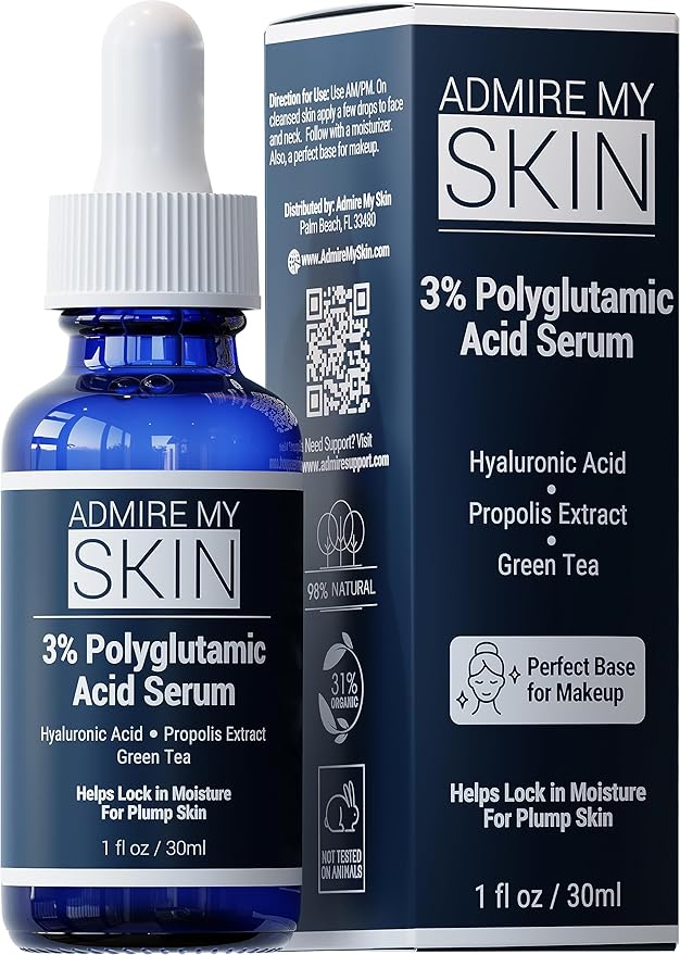Admire My Skin Organic Polyglutamic Acid Facial Serum - Powerful Hydration & Anti Aging + Hyaluronic Acid + Propolis 1oz