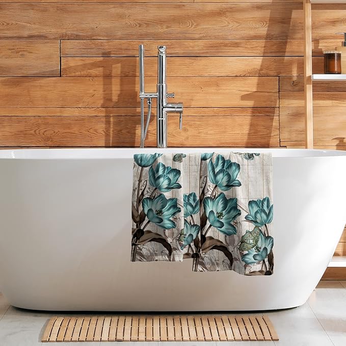 Giwawa Teal Tulip Hand Towels Set of 2 Spring Floral Soft Absorbent Decorative Bath Towel Kitchen Dish Guest Towel for Home Spa Yoga Sport