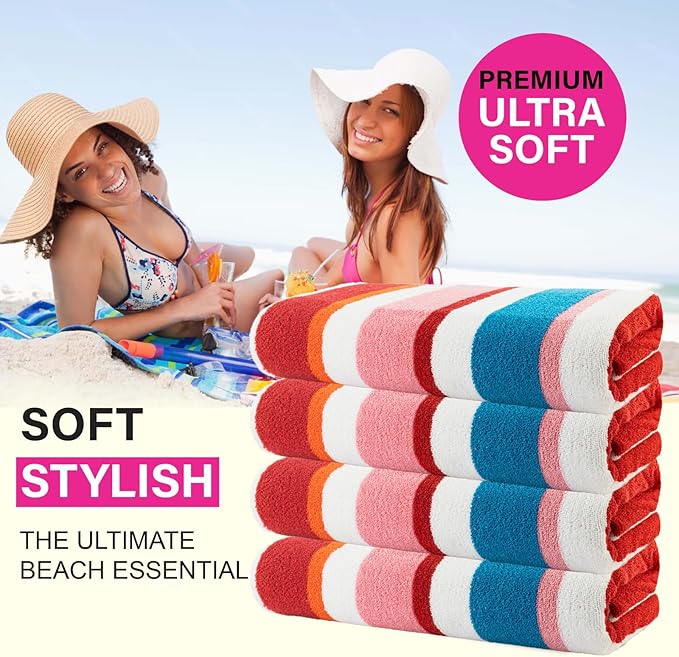 CASA COPENHAGEN Bora Bora Beach Towels Designed in Denmark Rough and Tough, Quick Dry, for Pool, Bath & Shower 30x60 inches 4 Pieces Cotton Beach Bath Towels Set - Pink