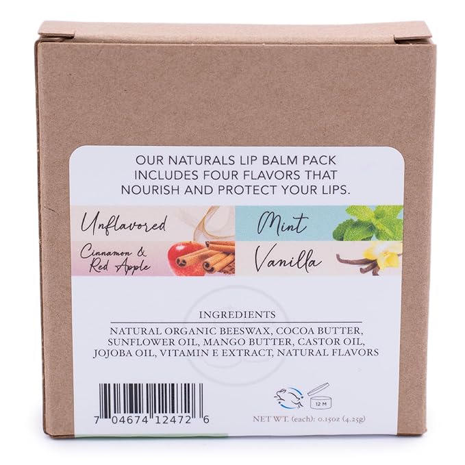 Lip Balm Naturals 4-Pack, Mint Vanilla Cinnamon Red Apple Unflavored, Natural Beeswax, Moisturizing Lip Treatment, 4 Tubes, 0.15 oz., White