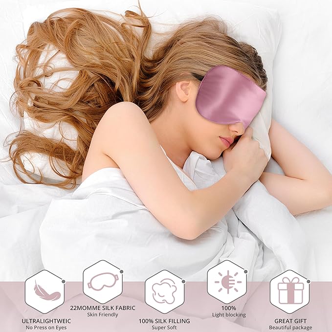 Sleep Mask, Silk Eye Mask for Sleeping with Adjustable Strap, Satin Blackout Sleeping Eye Mask for Men&Women, Comfortable Blindfold Eyeshade for Night Sleep(22 Momme Pink)