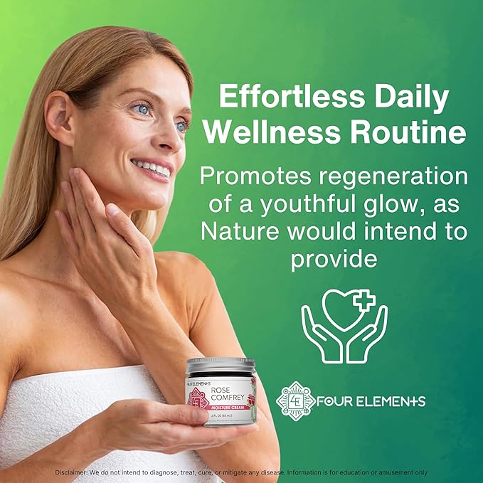 Four Elements 4E Rose Comfrey Moisture Cream, a Natural Non-Greasy Organic Cream that help Soothe and Calm your Skin, 2 OZ