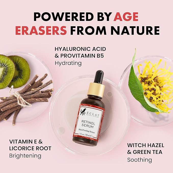 Eclat Skincare Renewing Retinol Serum for Face - Anti Aging Serum with Hyaluronic Acid & Aloe Vera – Hydrates and Improves the Signs of Aging (Fine Lines, Wrinkles & Dark Spots) 1 Fl Oz