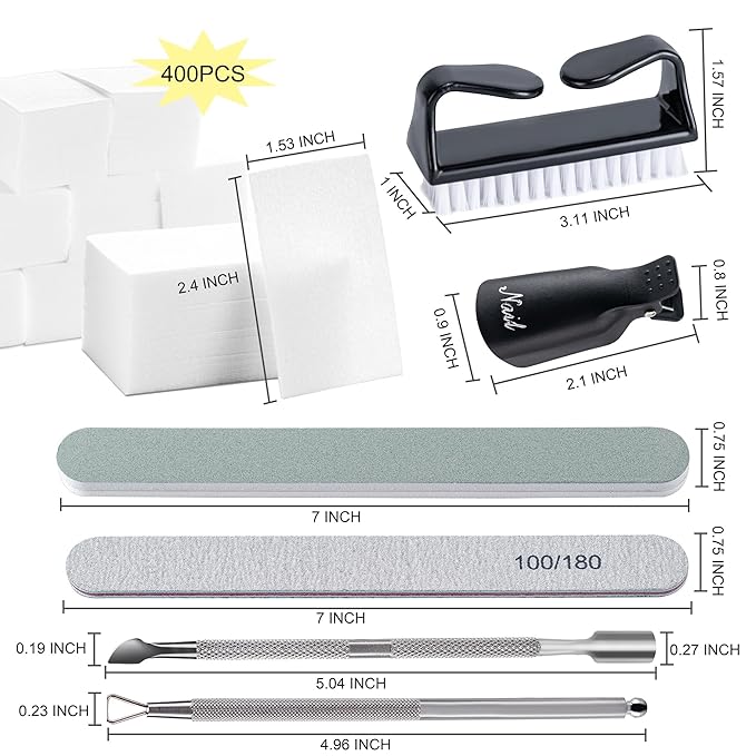 Gel Nail Polish Remover Tools Kit, with 10 Pcs Nail Clips, 400 Pcs Lint Free Nail Wipes, Nail Files 100/180, Buffer Block 400/4000, Nail Brush, Cuticle Pusher, Cuticle Peeler (Black)