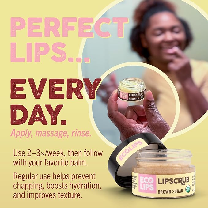Eco Lips LIP SUGAR SCRUB 2 Pack (2-0.5oz jars) 100% Organic Lip Care Treatment with Organic Sugar & Coconut Oil - Gently Exfoliate & Polish Dry, Flaky Lips, 100% Edible (Vanilla Bean & Brown Sugar)