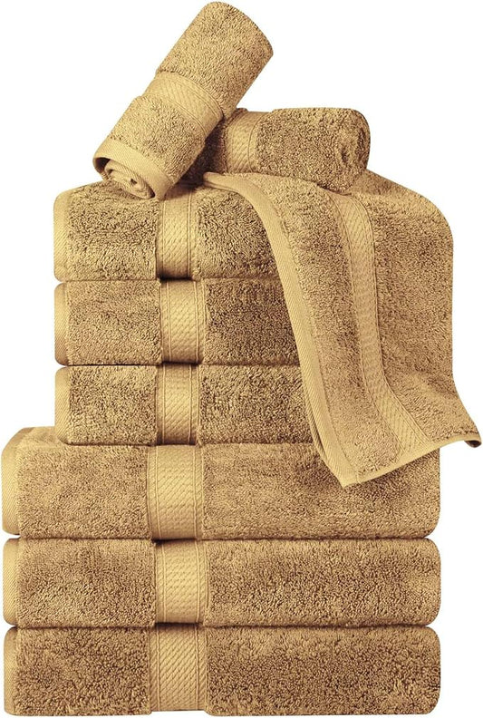 BNM Egyptian Cotton Heavyweight Towels, Ideal For Bathroom, Shower, Spa, Hotel, 800 GSM, Face/ Washcloths, Hand Towels, Bath Towels, Highly-Absorbent, Luxury Home Basics, 9 Piece Towel Set, Toast