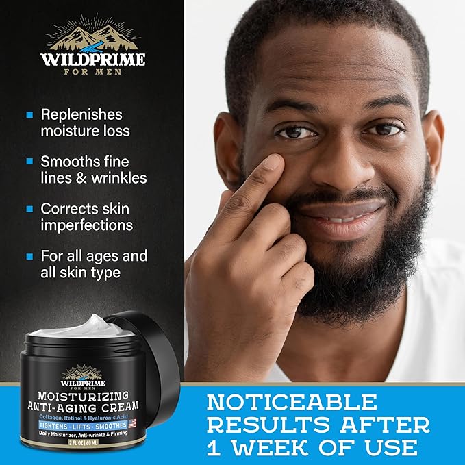 Men's Face Moisturizer Cream - Anti Aging & Wrinkle - Made in USA - Collagen, Hyaluronic Acid, Retinol, Vitamins E & A, Avocado Oil - After Shave - Age Facial Skin Care, Day & Night Moisturizing, 2 oz