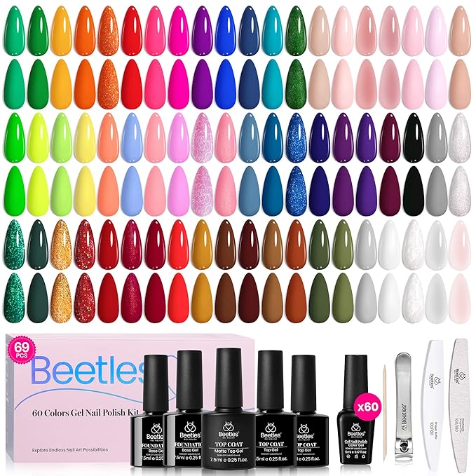 Beetles Gel Nail Polish Set, 60 Colors Fall Uv Gel Polish Kit Jelly Brown Glitter Nude Pink White Red Blue Green Color Nail Polish Base &Glossy Matte Top Coat Gift for Her Women