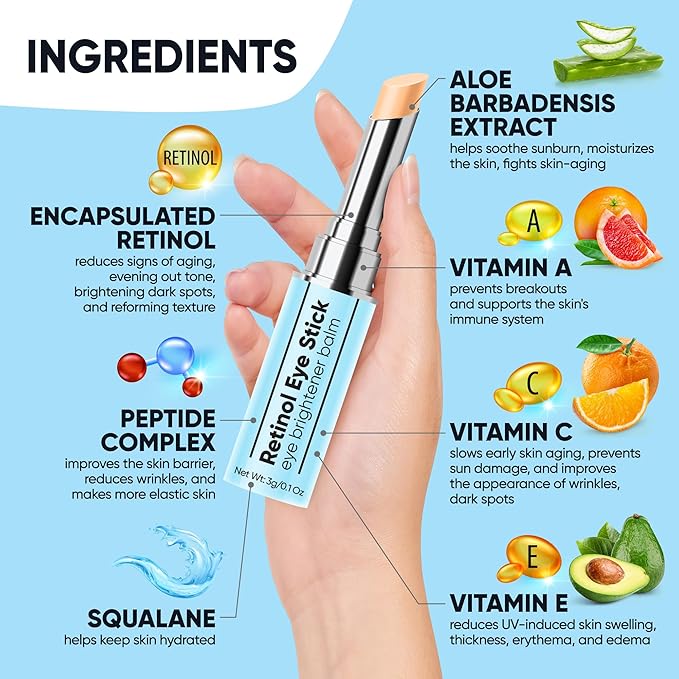 Retinol Eye Brightener Cream Stick, Vitamin C & E Enriched Under Eye Bags Care for Dark Circles, Puffiness & Anti-Aging, Hydrating Eye Balm for All Skin Types