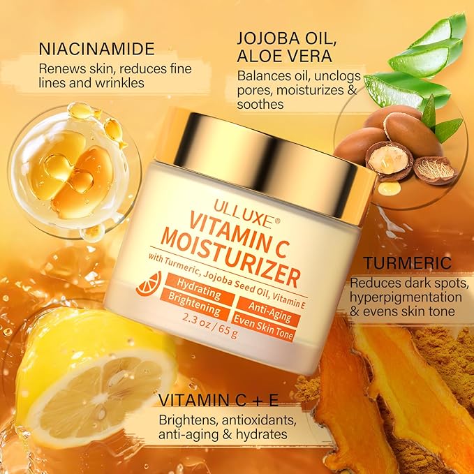 Vitamin C Face Moisturizer, Brightening & Anti-aging Face Cream with Turmeric for Dark Spots, Wrinkles & Uneven Tone, Glowing Skin Care Hydrating with Niacinamide & Squalane for All Skin Types, 2.3 Oz