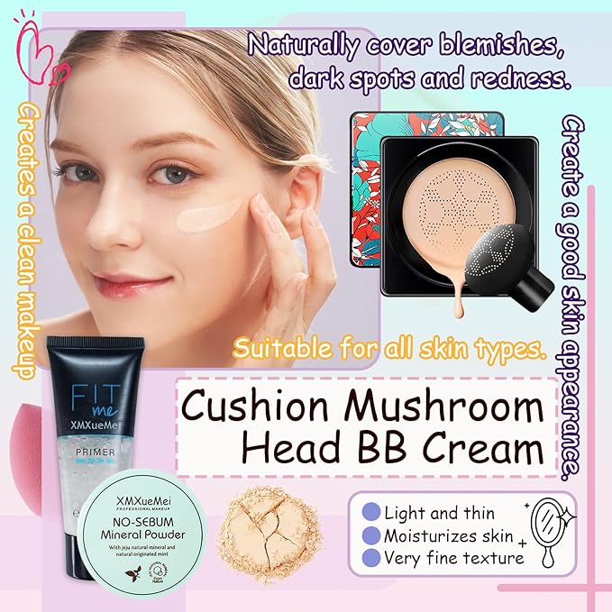 Air Cushion CC Cream Mushroom Head Foundation,Waterproof Long Lasting Loose Setting Powder,Moisturizing BB Cream Liquid Foundation Makeup Primer Concealer Base with Makeup Sponge（4PCS）