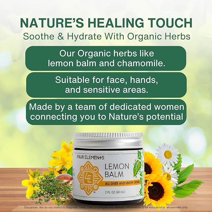 Four Elements Lemon Balm Face Moisturizer Cream - 2 Oz | Herbal Face Cream with Organic Lemon Balm, Chamomile, Shea Butter & Vitamin E | Body Hydrating Moisturizer Beauty Essential