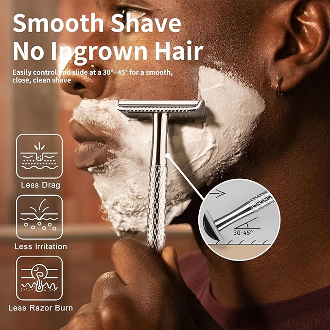 Shiny Silver Double Edge Safety Razor, Single Blade Razors for Men and Women, with 10 Stainless Steel Safety Razor Blades, Reusable, Smooth and Close Wet Shaving Kit, Plastic Free