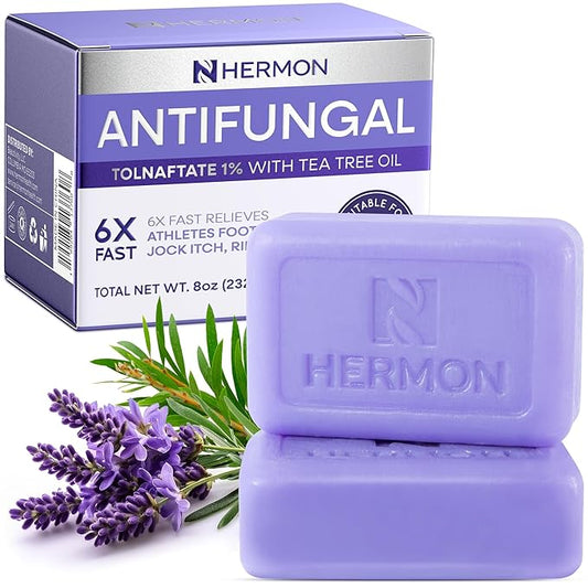 Hermon Antifungal Soap with Tea Tree Oil: Antifungal Bar Soothing Care & Relief of Itchy for Ringworm Jock Itch Tinea Versicolor Athletes Foot - Body & Face Wash - Lavender