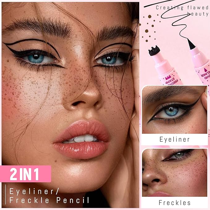Freckle Stamp with Eyeliner Pen 2 in 1 for Natural Lifelike Faux Freckle Waterproof Fake Freckles Stain Marker for Sunkissed Makeup #Dark Brown&Black
