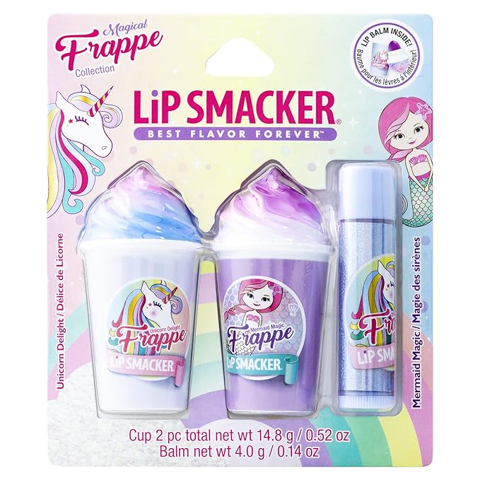 Lip Smacker Magical Frappe Collection 3 Pack Beverage Lip Balm - Moisturizing, Soothing Unicorn & Mermaid Delight/Magic