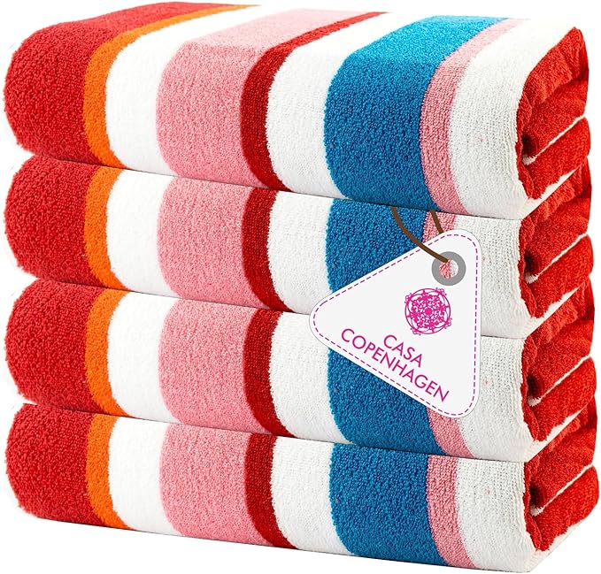 CASA COPENHAGEN Bora Bora Beach Towels Designed in Denmark Rough and Tough, Quick Dry, for Pool, Bath & Shower 30x60 inches 4 Pieces Cotton Beach Bath Towels Set - Pink