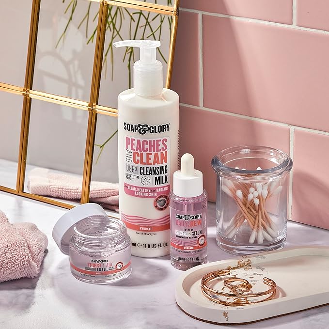 Soap & Glory Peaches & Clean Deep Cleansing Milk - 4 in 1 Milk Cleanser & Makeup Remover with Peach Extract, Ginseng & Jojoba Oil - Hydrating Facial Cleanser for Clarified & Energized Skin (350ml)