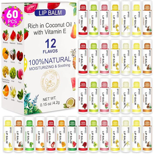 DMSKY 60 Pack Lip Balm, Natural Lip Balm Bulk with Vitamin E and Coconut Oil, Moisturizing Soothing Chapped Lips, Gifts for Women Stocking Stuffers Party Favors
