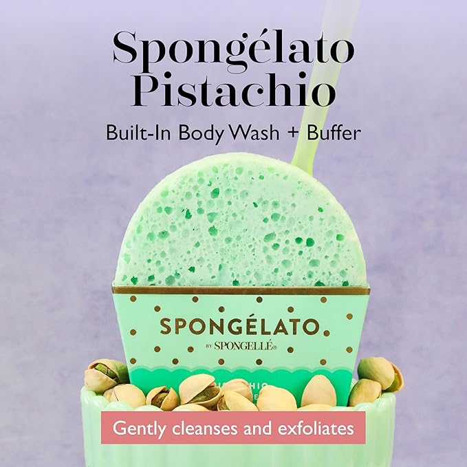Spongelato Loofah Exfoliating Body Scrubber by Spongelle | Infused with Body Wash | Bath & Shower Loofah for Women | 14+ uses | Pistachio Gelato Inspired