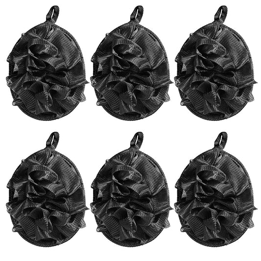Boao 6 Pcs Bath Shower Pouf Sponge Mesh Pouf Shower Ball Exfoliating Body Sponge Pad Scrubber Glove with Flower Bath Ball (Black)