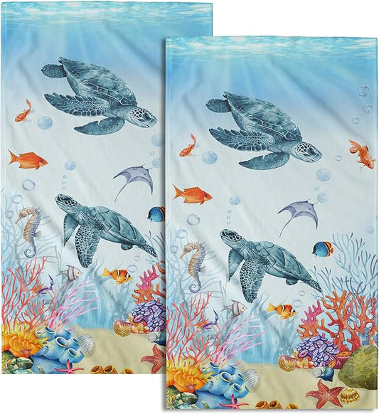 Giwawa Ocean Sea Turtle Hand Towels Set of 2 Tropical Fish Coral Fingertip Bath Towel Soft Kitchen Washcloth for Bathroom Laundry Room Spa Decor