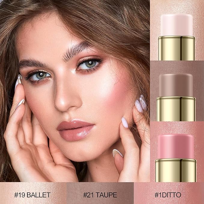 3 Pcs FAIR-COOL Contour Stick Set,Cream Blush & Highlighter Bronzer Pen,Long Lasting & Smooth Natural Face Contouring Illuminator,Professional Makeup Kit for All Skin