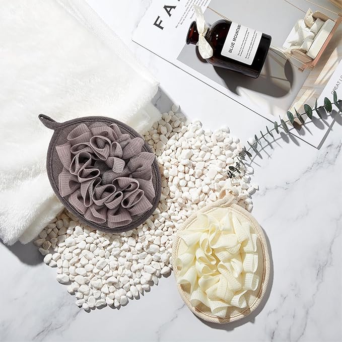 Boao 6 Pcs Bath Shower Pouf Sponge Mesh Pouf Shower Ball Exfoliating Body Sponge Pad Scrubber Glove with Flower Bath Ball (Khaki,Dark Brown,Beige)