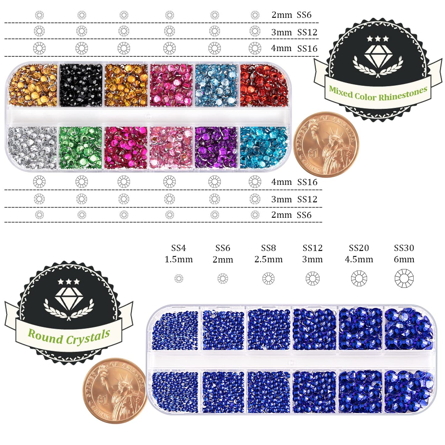 Two Packs of Flatback Rhinestones 4520 Pcs Colorful Nail Art Rhinestones Flatback Crystal Colorful+Royal Blue Rhinestone with Picker Pencil and Tweezer for Nail Art and Decoration