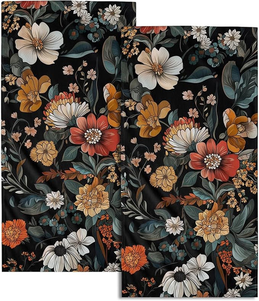 Giwawa Vintage Floral Hand Towels Set of 2 Boho Flower Dish Towels Soft Bath Towels Absorbent Guest Face Towel for Gym Kitchen Home Bathroom Decor