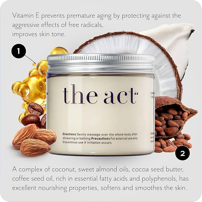 THE ACT Solid Coconut Body Butter – Organic Vegan Moisturizer with Shea & Almond Oils – Melts in Hands – Massage Balm for Dry Skin – Natural Skincare for Women & Men – 6 oz with Spatula