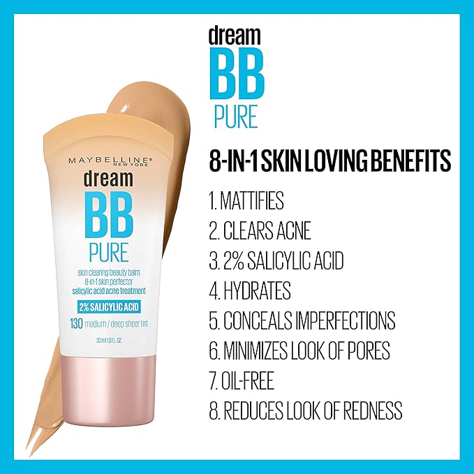 Maybelline Dream Pure Skin Clearing BB Cream, 8-in-1 Skin Perfecting Beauty Balm With 2% Salicylic Acid, Sheer Tint Coverage, Oil-Free, Light/Medium, 1 Count
