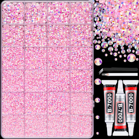 30000Pcs Resin Jelly Rhinestones with Tweezers for Crafting, Light Pink AB Flatback Gems, Bedazzling Crystal with 3Pcs 10ml B7000 Jewelry Glue for DIY Crafts Clothing Tumblers Shoes Fabric Nail Art