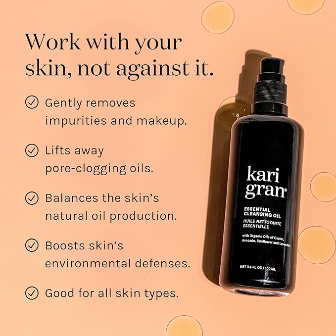Kari Gran Essential Cleansing Oil | Organic Face Cleanser for All Skin Types | Gently Removes Makeup, Sunscreen & Impurities | Hydrates & Exfoliates | Cruelty-Free (3.4 fl oz)