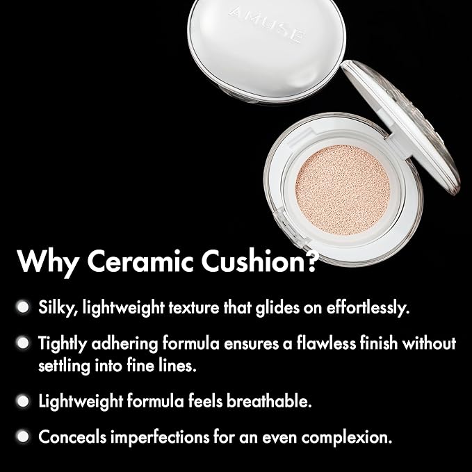Amuse SEOUL Ceramic Skin Perfector Cushion Foundation 01 PORCELAIN | Long-lasting, Lightweight, Semi-matte, Flawless Coverage, Hypoallergenic, Vegan, Korean Beauty (15g / 0.52oz.)