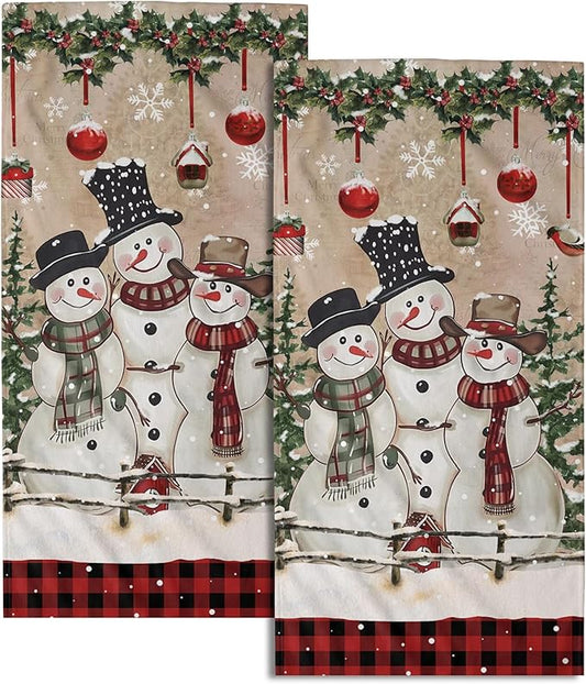 Giwawa Christmas Snowman Hand Towels Set of 2 Red Buffalo Plaid Bath Towels Winter Decorative Soft Absorbent Towels for Bathroom Kitchen Hotel