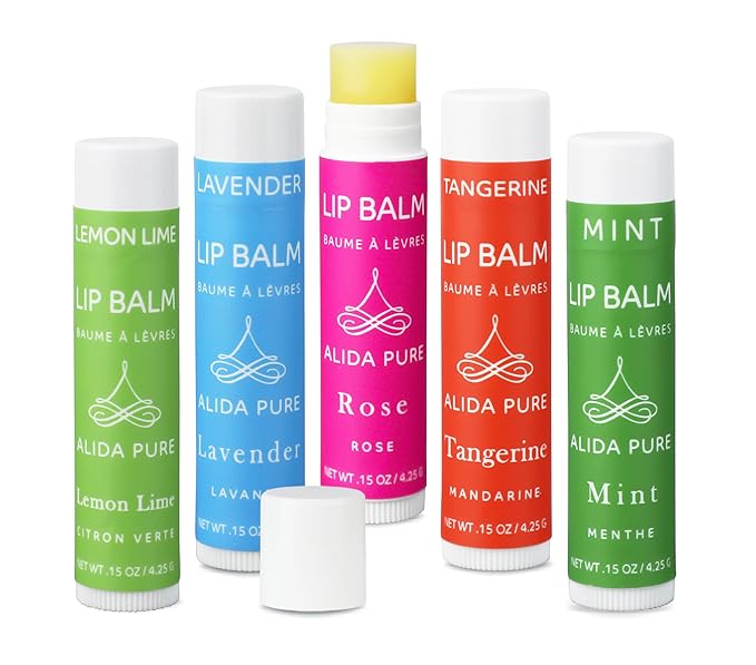 Aria Lip Balm Collection, Vegan Lip Balm Set, Beeswax Free, with Avocado Oil, Organic Jojoba Oil, and Vitamin E, Natural Moisturizer for Dry, Chapped Lips, 5 Tube Set