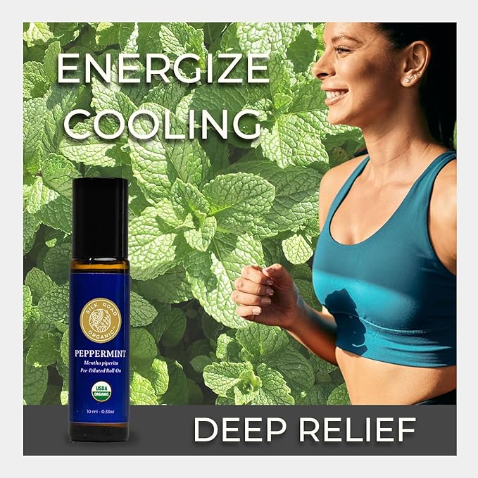 Silk Road Organic Peppermint Essential Oil Roll On, Mentha Piperita, 100% Pure USDA Certified Aromatherapy - Headache, Morning Sickness, Nausea, Energy & Hair - 10 ml Roller