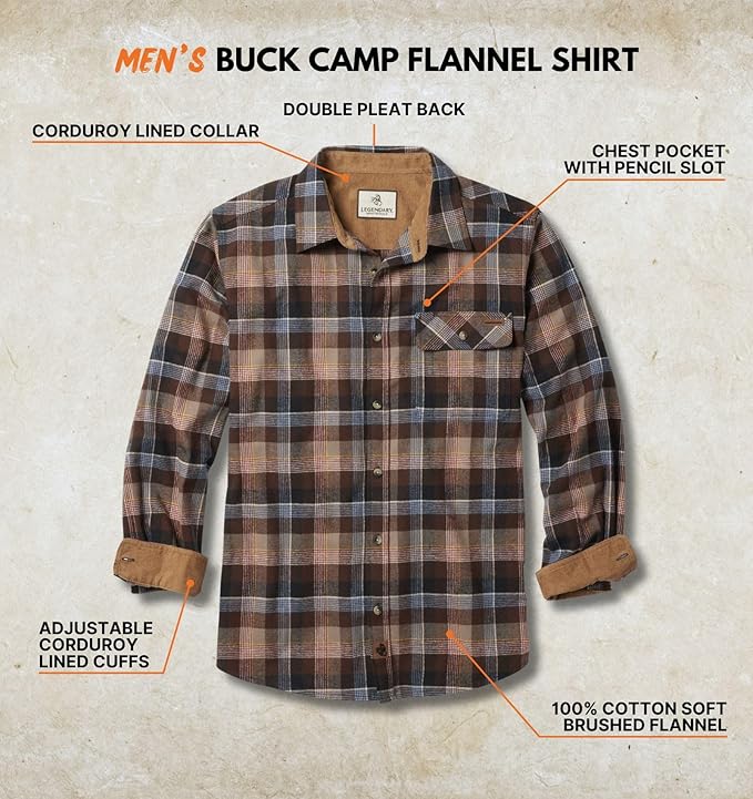 Legendary Whitetails Men's Flannel Shirt Long Sleeve Button Down 100% Cotton