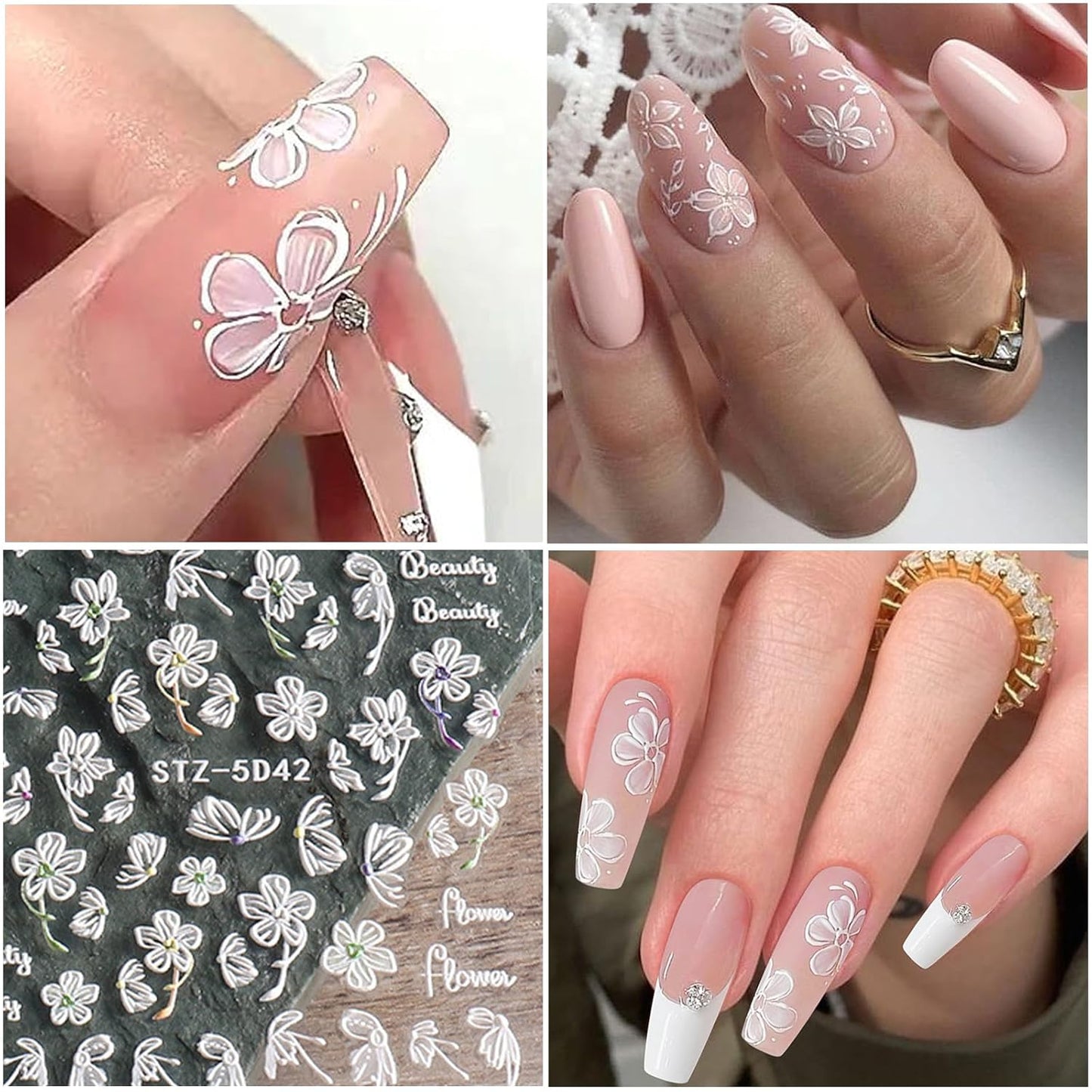 6 Sheets White Flower Nail Art Stickers Decals 5D Embossed Nail Decals Spring Winter Nails Art Self-Adhesive Supplies Accessories 3D Flower Stickers for Women Nails Design Decoration