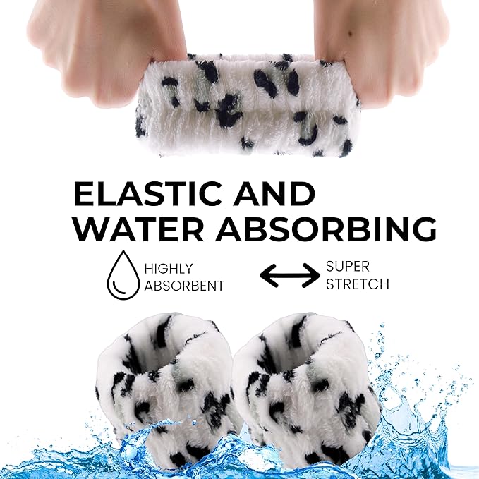 Spa Headband Wrist Band for washing face set Sponge Makeup Skincare Headband Wrist Towels Bubble Soft Terry Towel Cloth Hairband for Women Puffy Headwear Non Slip Thick Thin Hair Headwear (Leopard)