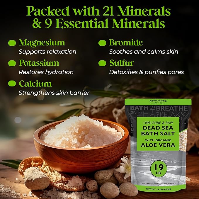 Aromasong 19 lbs RAW Dead Sea Salt with Organic Aloe Vera, not Cleaned, Still Contains All Dead sea Minerals Including Dead sea Mud, Fine Medium Grain Large resealable Bulk Pack - Packaging May Vary