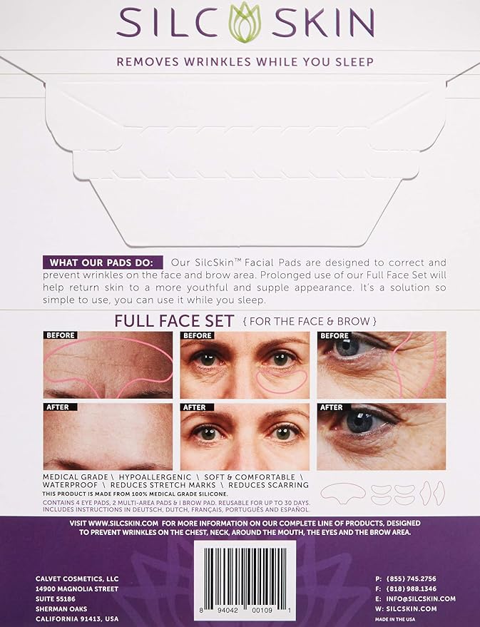 SilcSkin Full Face Set, Helps with Face & Brow Wrinkles from Sun Aging Side Sleeping, Reusable Self Adhesive Medical Grade Silicone, 1 Brow Pad, 4 Eye Pads, 2 Multi-Area Pads - 45 Day Supply