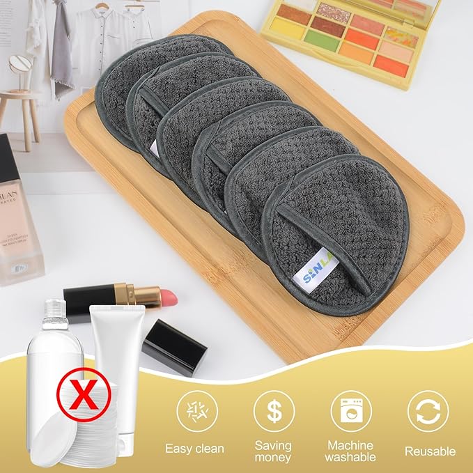 SINLAND Reusable Makeup Remover Pads For Face,Eye,Lips Microfiber Gentle Facial Cleansing Cloths for All Skin Types Friendly for Makeup Remover With Laundry Bag 5.1inchx3.93inch Gray Pack of 6