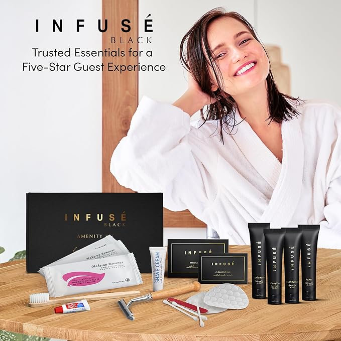 Infuse Black | Amenity & Accessory Kit | 1 oz Travel Size Shampoo, Conditioner, Lotion, Body Wash, Body Bar, 2 Cleansing Bar, Shave & Dental Sets, Make-Up Remover Wipes & Vanity Kit | 15 sets per case