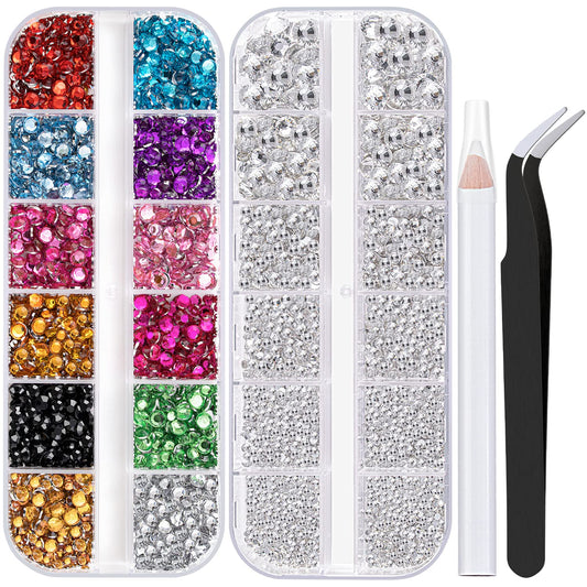 Two Packs of Flatback Rhinestones 4520 Pcs Colorful Nail Art Rhinestones Flatback Crystal Colorful+Transparent White Rhinestone with Picker Pencil and Tweezer for Nail Art and Decoration
