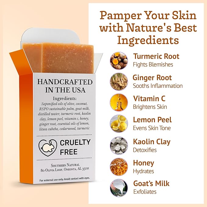 Southern Natural Turmeric Honey Lemon Goat Milk Soap - Handmade, All Natural Turmeric Soap Bar for Face & Body. Gentle Hydration & Nourishment For A Natural Glow & Even Skin Tone, 3 Pack
