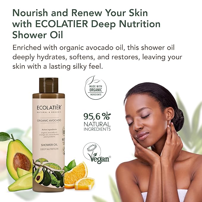 ECOLATIÈR Shower Oil – Organic Argan, Coconut, or Avocado Oil Options – Moisturizing & Nourishing Body Wash for Women, 95.5% Natural, Vegan, for Sensitive Skin - 8.5 Fl Oz (Avocado oil)